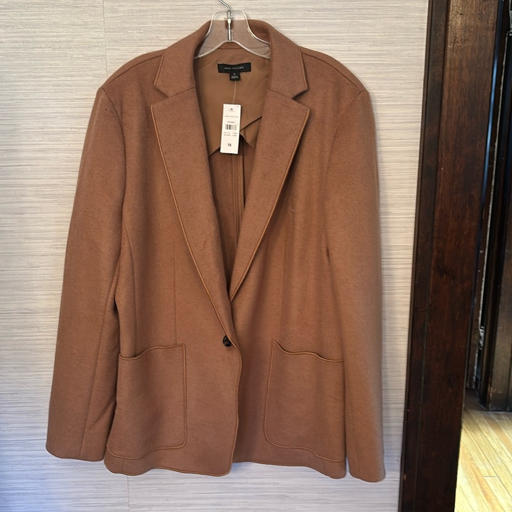 Ann Taylor brushed blazer with picked in camel.